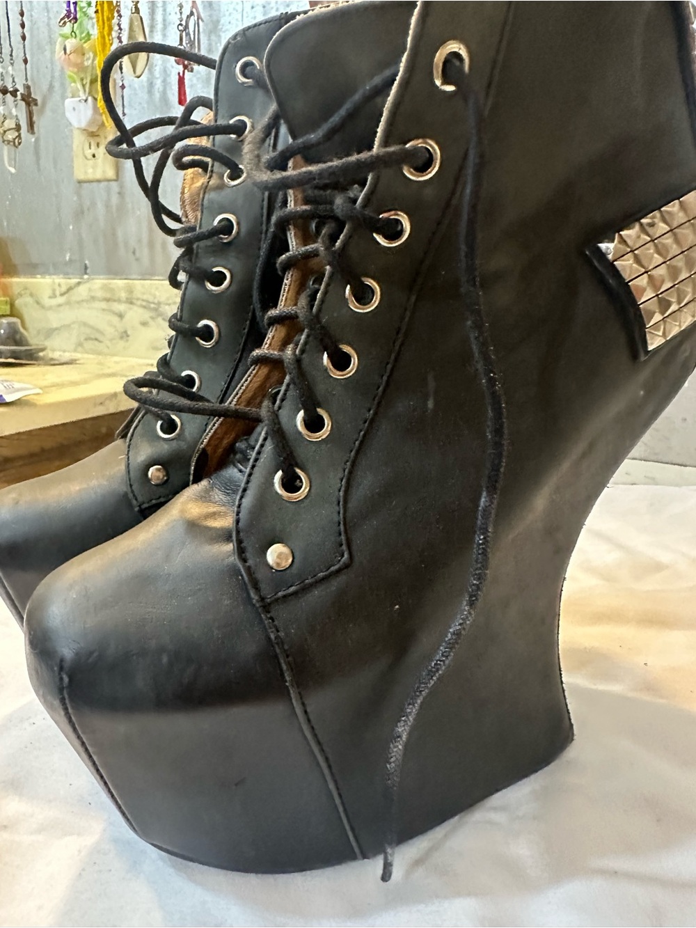 Jeffrey Campbell Black Holy Stud Lace-Up Platform wedge Boots - Picture 3 of 9